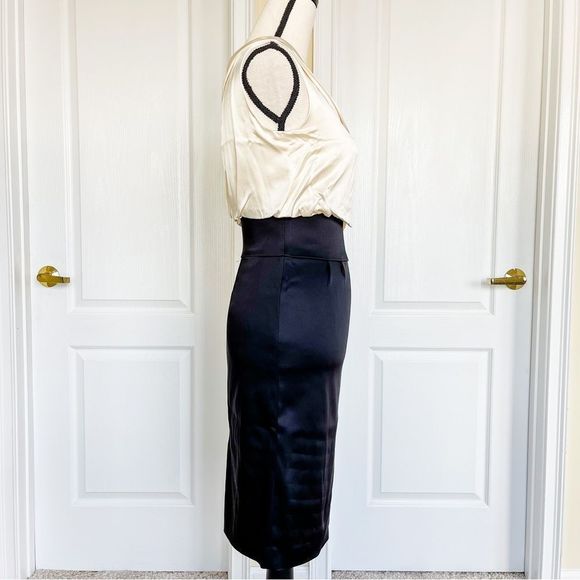 Antonio Melani 0 One Shoulder Cream White Black Contrast Silky Evening Dress - Picture 7 of 15